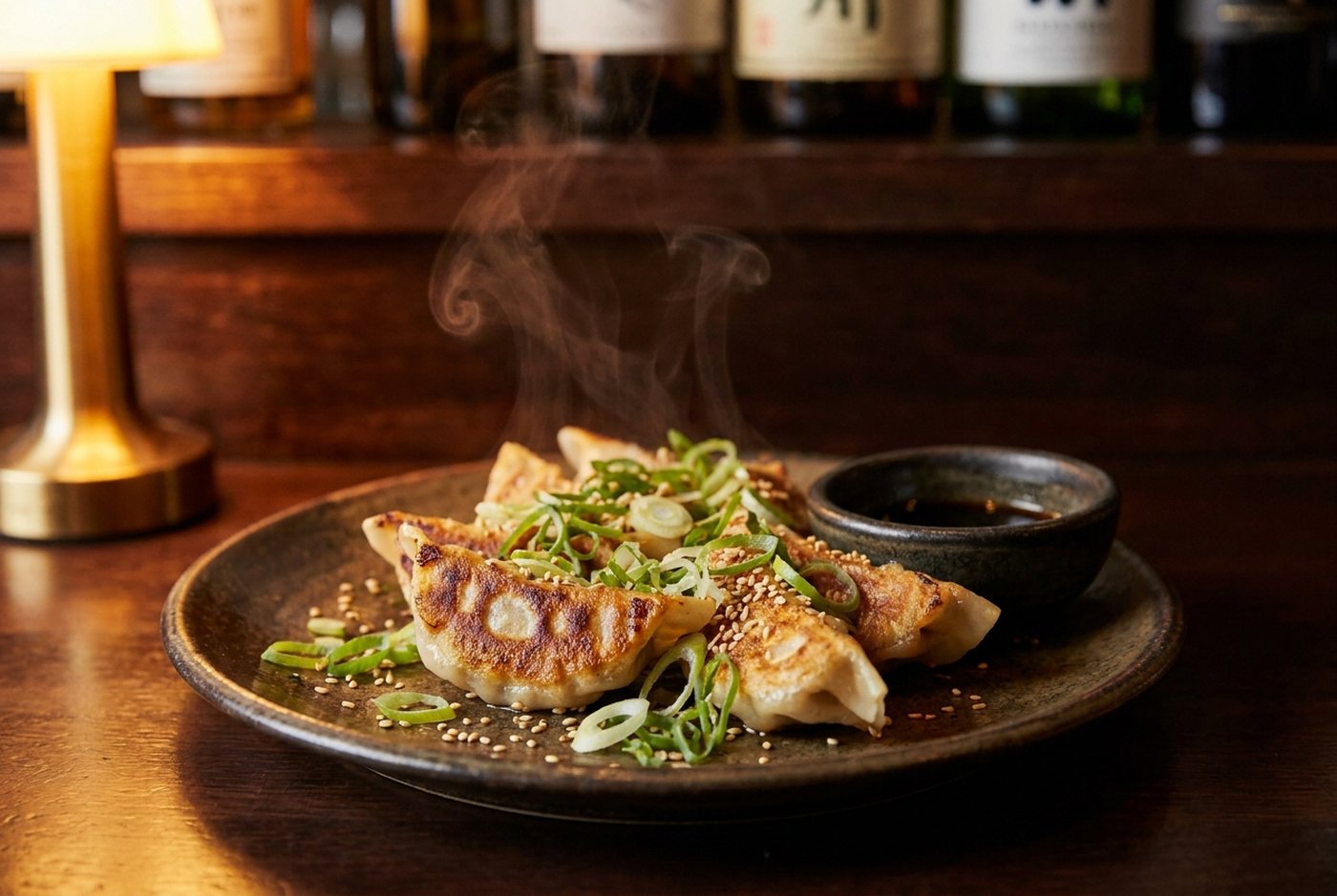 Pan-fried chicken potstickers with dipping sauce